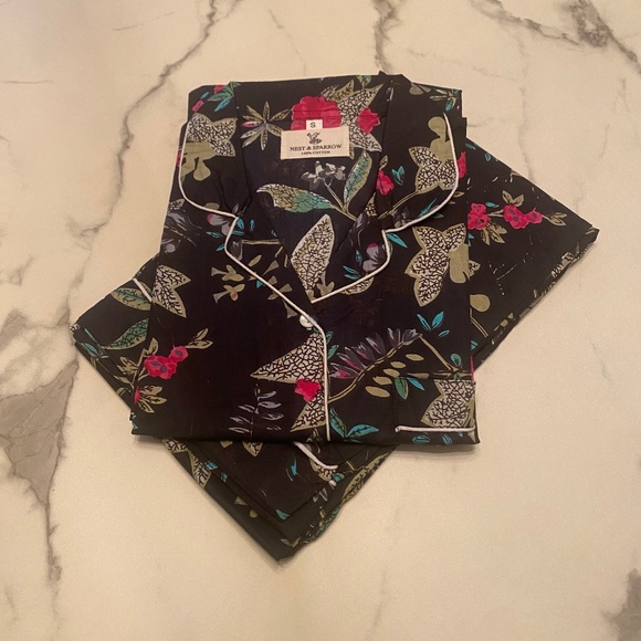NWOT Handmade, Hand Block Print, Cotton Pajama Set In Black Floral - Picture 1 of 6